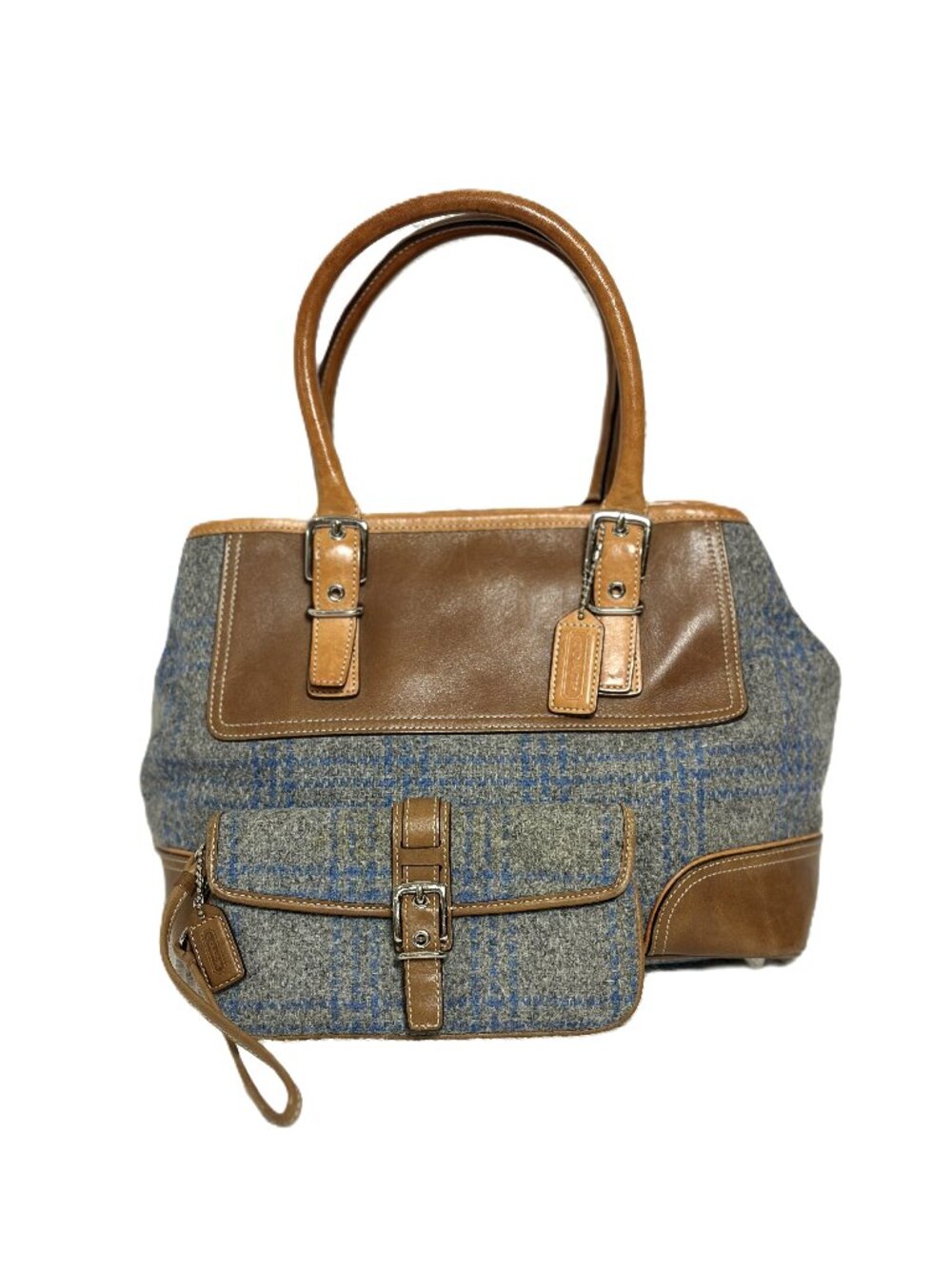 Coach Handbag Plaid Tweed Blue & Gray Satchel + Matching Wristlet Vintage Set
